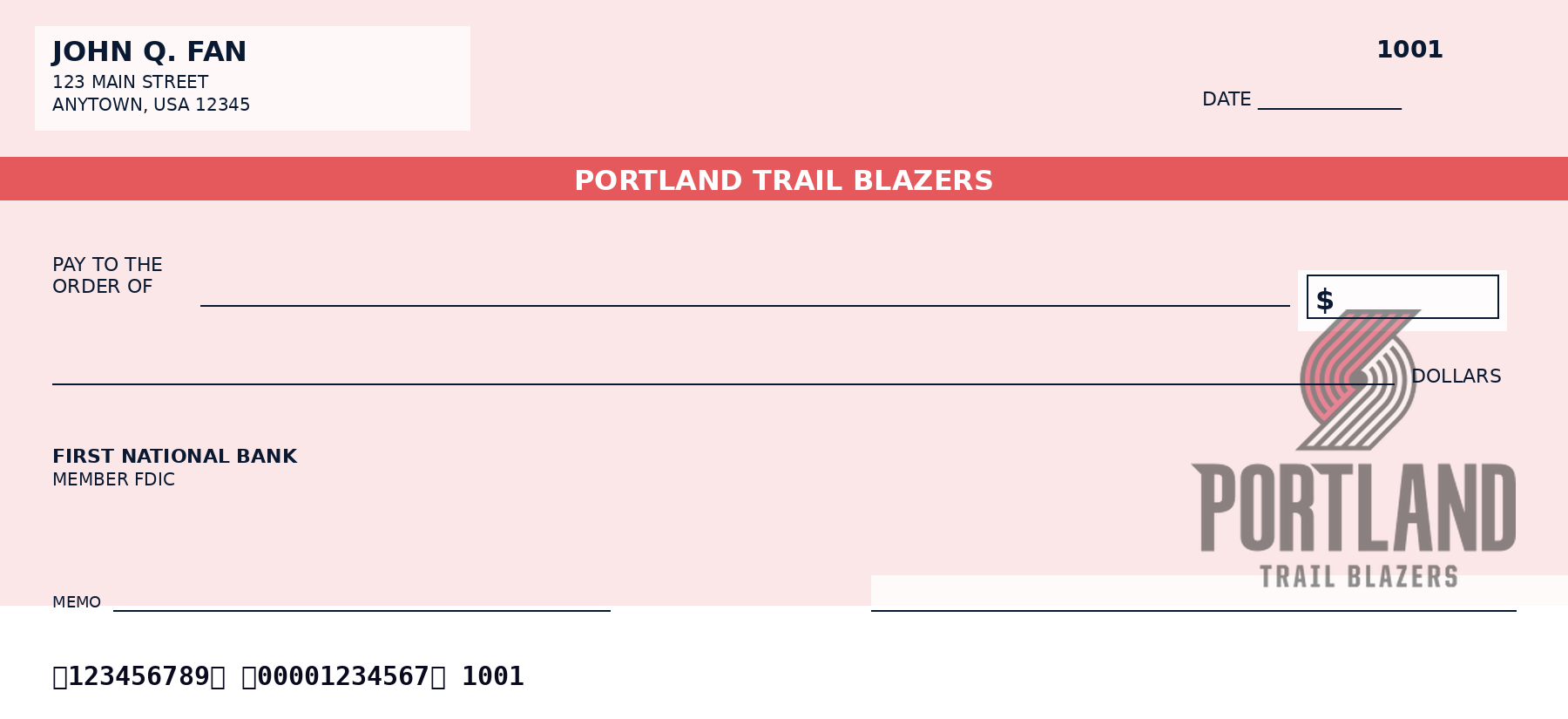 Portland Trail Blazers personal checks design idea in team colors - a sample NBA fan check layout, not an official team product.