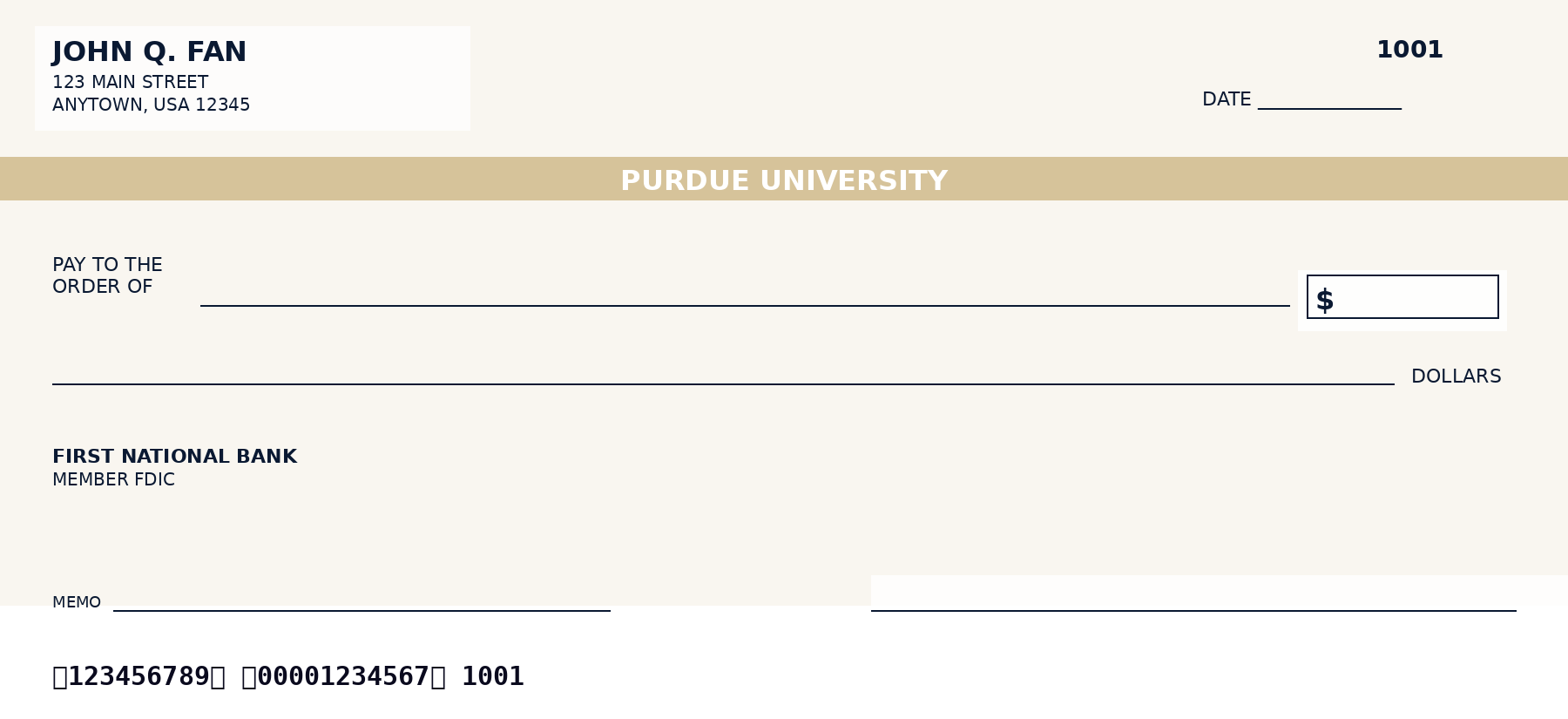 Purdue University personal checks in old gold and black