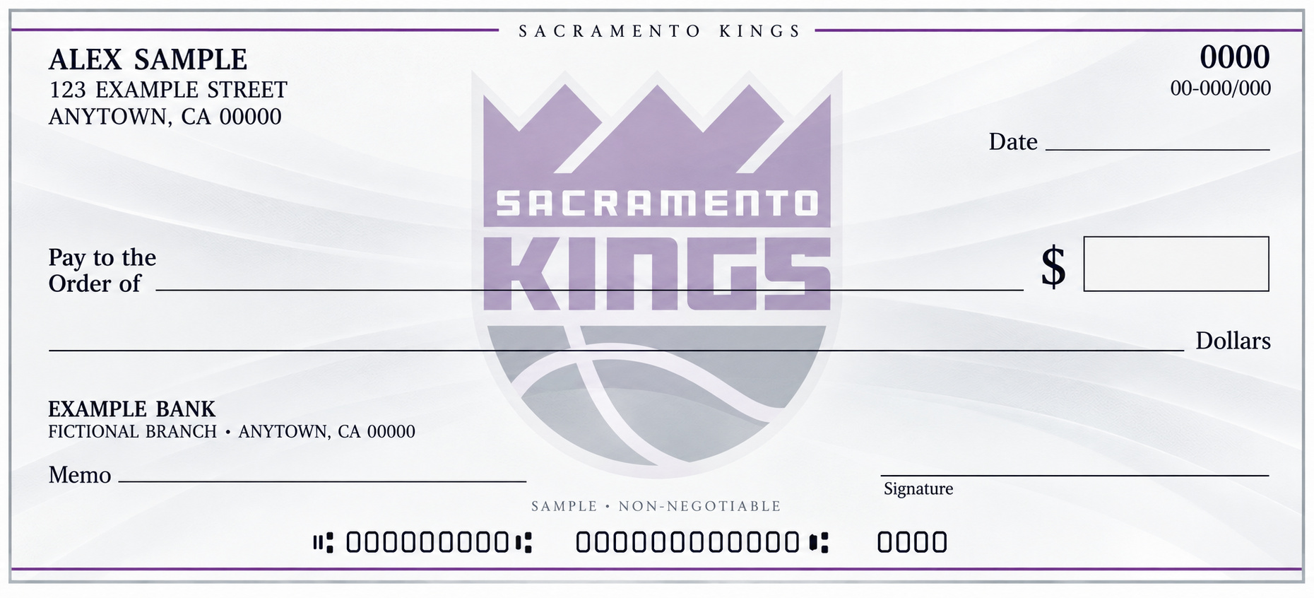 Sacramento Kings personal check design with a pale central team emblem, light flowing background and blank check fields.