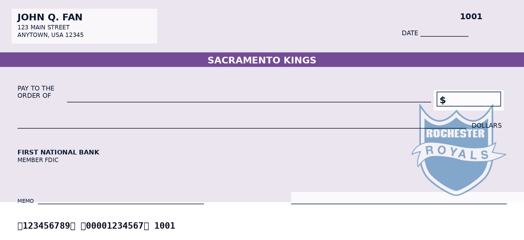 Sacramento Kings personal checks featuring the official Sacramento Kings team logo and team colors, designed as a custom NBA checkbook for basketball fans who want Sacramento Kings-themed bank checks.