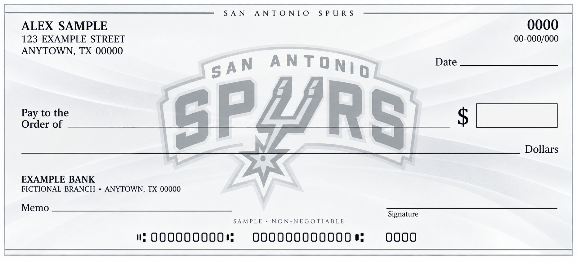 San Antonio Spurs personal check design with a pale central team emblem, light flowing background and blank check fields.