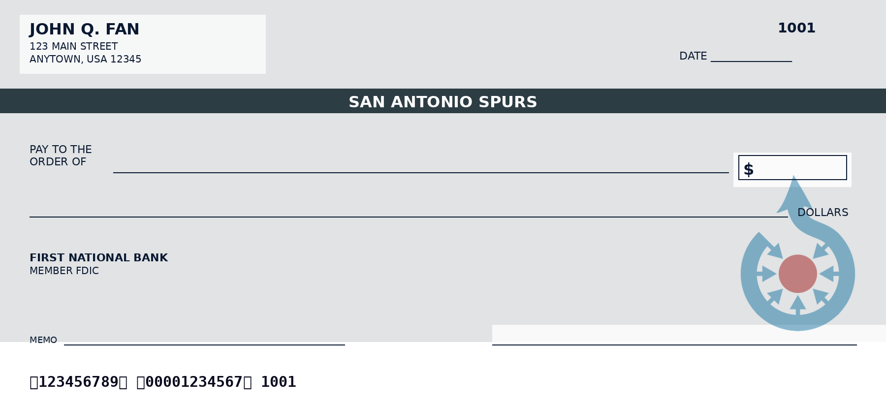 San Antonio Spurs Personal Checks — NBA Team Checkbook Design San Antonio Spurs personal checks design idea in team colors - a sample NBA fan check layout, not an official team product.