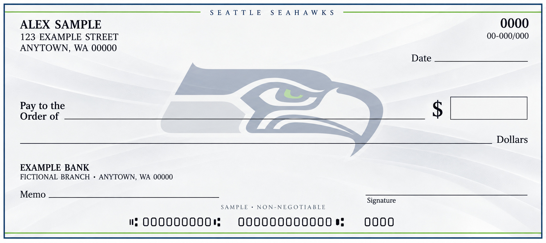 Seattle Seahawks personal check design with a pale central team emblem, light flowing background and blank check fields.