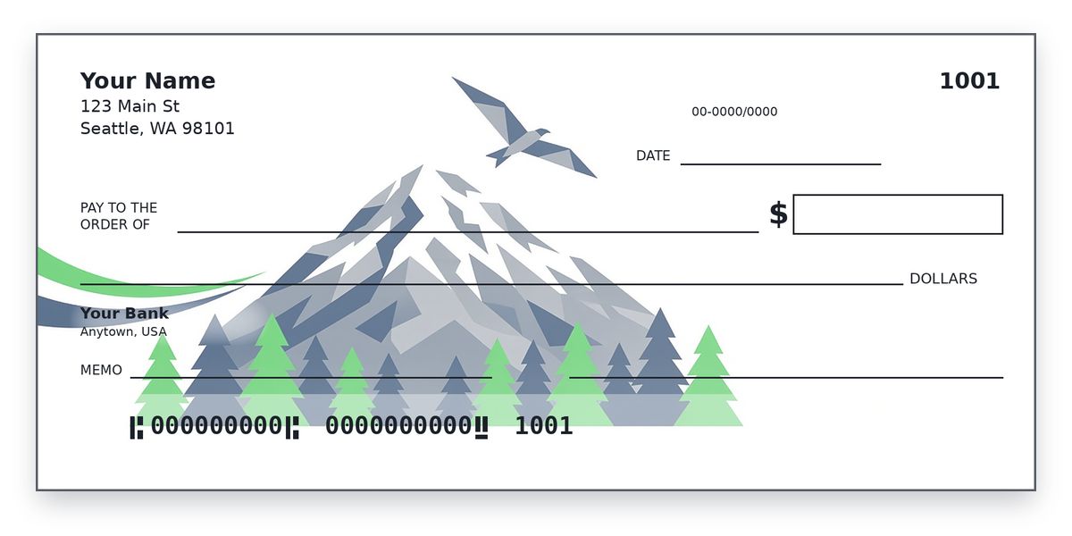 Seattle Seahawks checks design – geometric snowy mountain, evergreens and osprey in navy, green and grey, personal check mockup