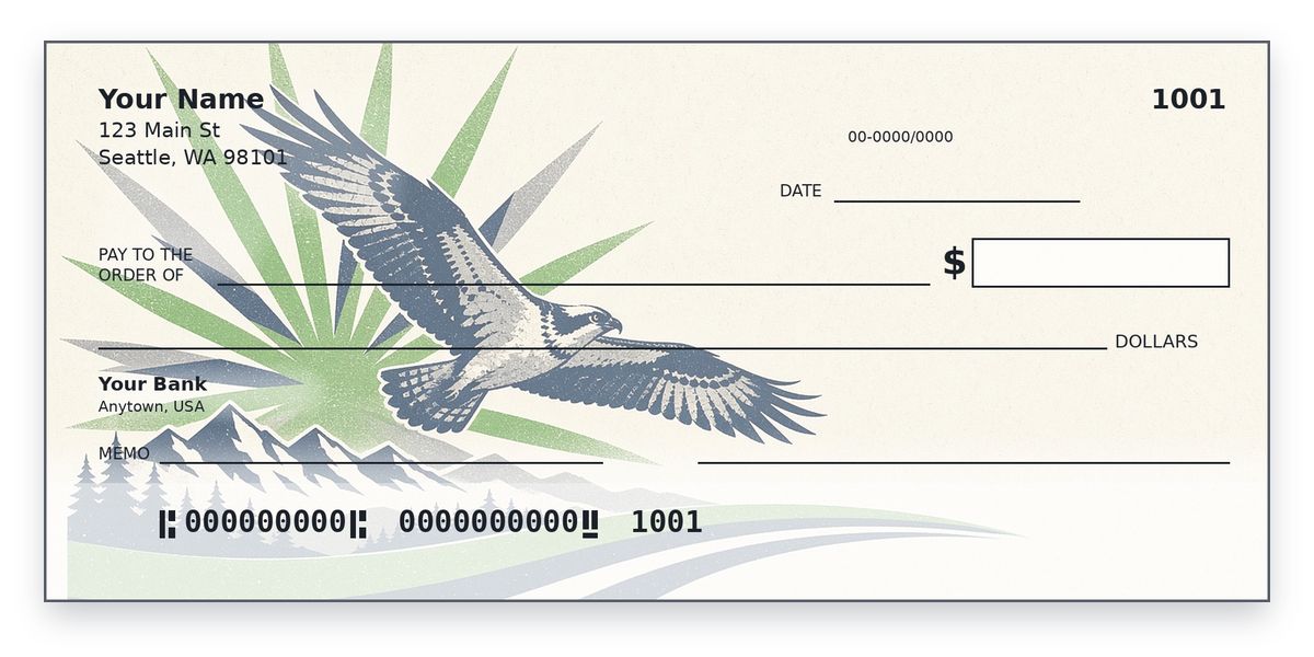 Seattle Seahawks checks design – retro osprey over a green and navy sunburst with mountains and evergreens, personal check mockup
