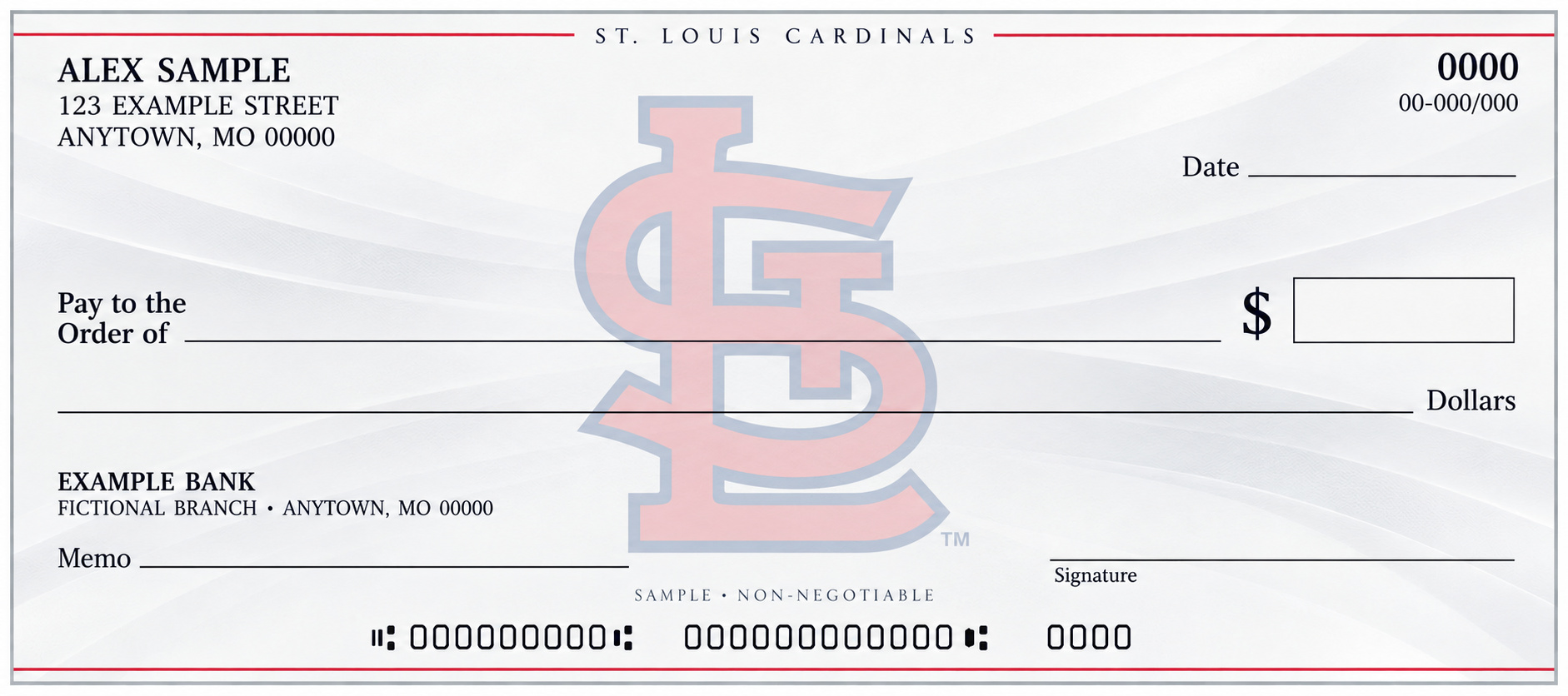 St. Louis Cardinals personal check design with a pale central team emblem, light flowing background and blank check fields.