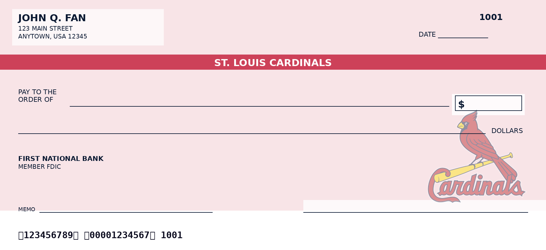 St. Louis Cardinals personal checks featuring the official St. Louis Cardinals team logo and team colors, designed as a custom MLB checkbook for baseball fans who want St. Louis Cardinals-themed bank checks.