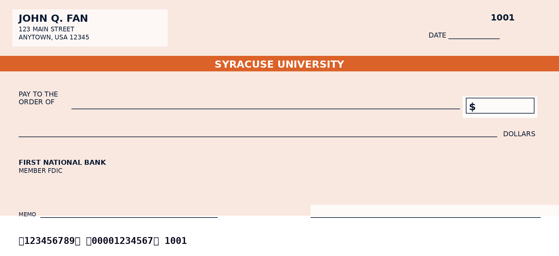 Syracuse University personal checks featuring the official Syracuse University logo and school colors, designed as a custom NCAA college checkbook for alumni and fans who want Syracuse University-themed bank checks.