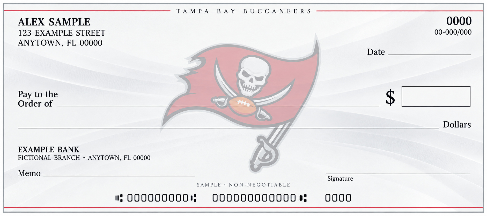 Tampa Bay Buccaneers personal check design with a pale central team emblem, light flowing background and blank check fields.