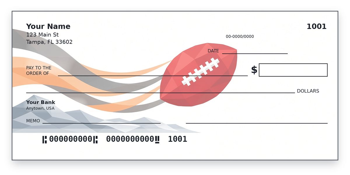 Tampa Bay Buccaneers Checks – Minimalist Geometric Red and Pewter Football Design Tampa Bay Buccaneers checks design – low-poly red football on pewter-orange ribbons over waves, on white, personal check mockup