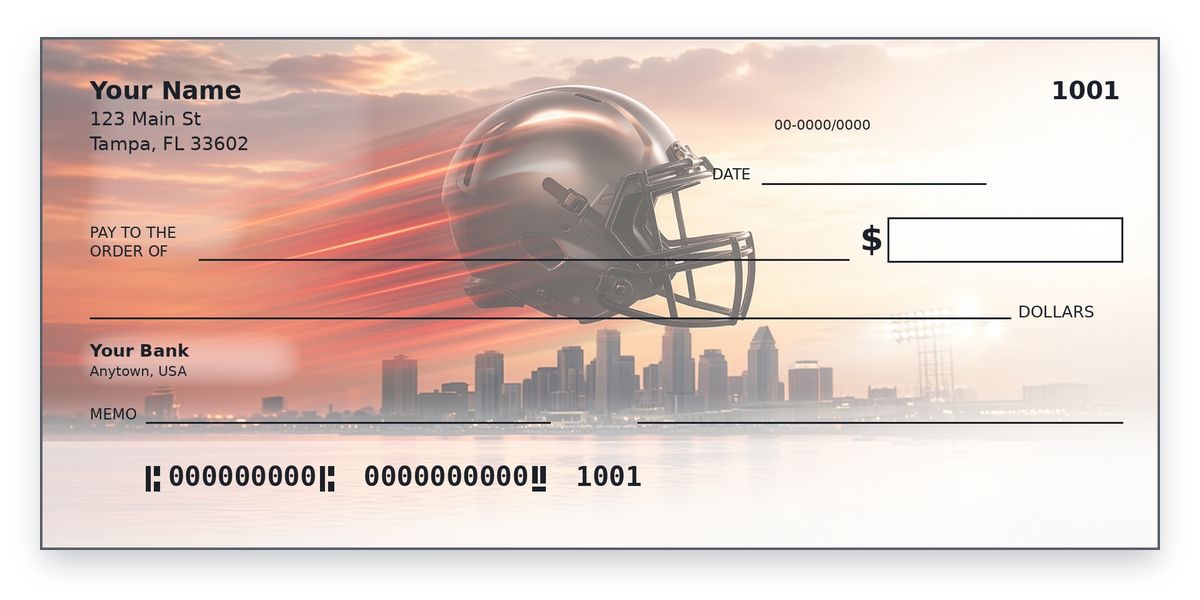 Tampa Bay Buccaneers Checks – Pewter Helmet Under the Tampa Bay Lights Design Tampa Bay Buccaneers checks design – pewter helmet with red streaks under lights, Tampa skyline on the bay, personal check mockup