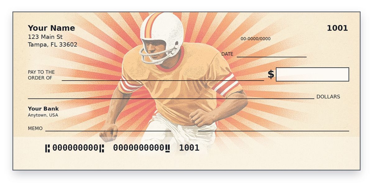 Tampa Bay Buccaneers Checks – Retro Creamsicle Orange Defender Design Tampa Bay Buccaneers checks design – retro defender in creamsicle orange and red, orange sunburst, personal check mockup