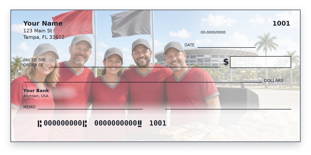 Tampa Bay Buccaneers Checks – Tampa Grouper Sandwich Tailgate Design Tampa Bay Buccaneers checks design – fans in red and pewter jerseys with grouper sandwiches under palms, personal check mockup
