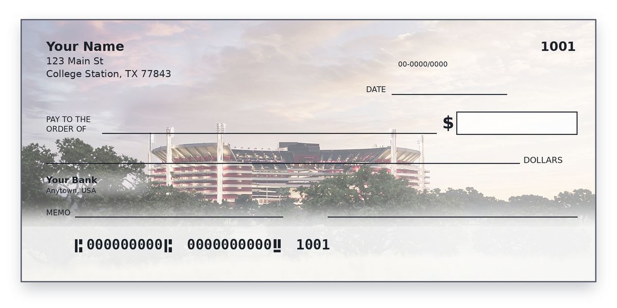 Texas A&M checks design – towering maroon-trimmed stadium behind live oaks under a soft dusk sky, personal check mockup