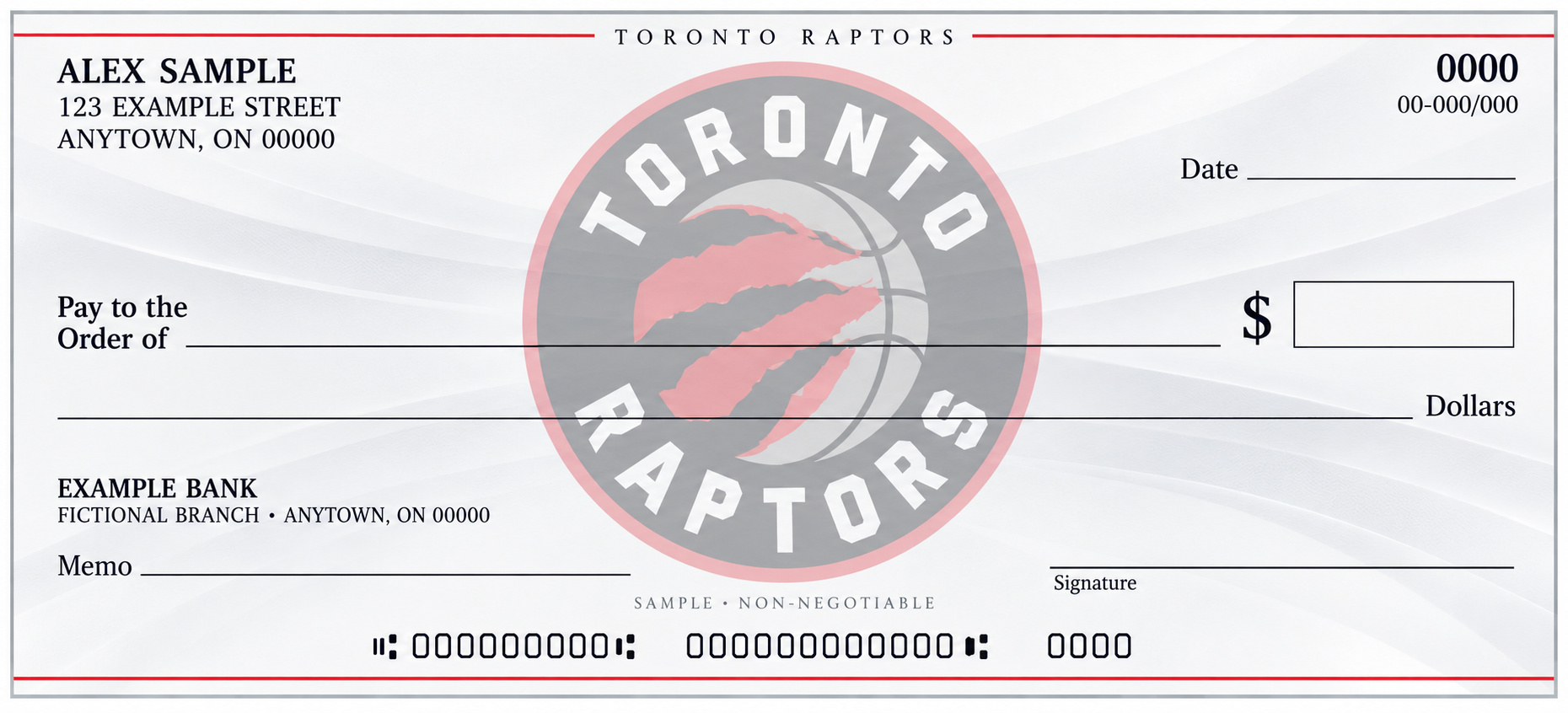 Toronto Raptors personal check design with a pale central team emblem, light flowing background and blank check fields.