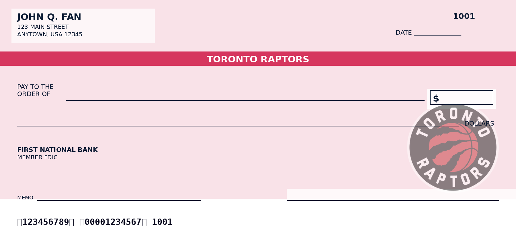 Toronto Raptors Personal Checks — NBA Team Checkbook Design Toronto Raptors personal checks design idea in team colors - a sample NBA fan check layout, not an official team product.