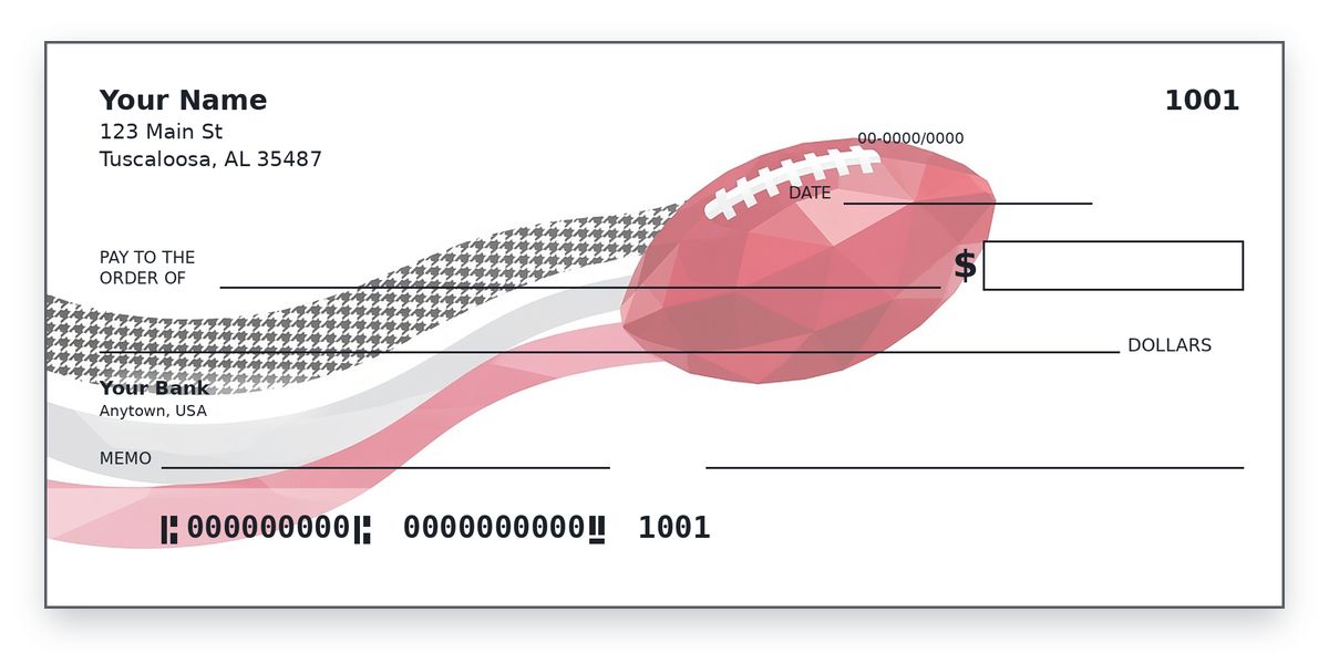 University of Alabama checks design – low-poly crimson football on houndstooth and grey ribbons, on white, personal check mockup