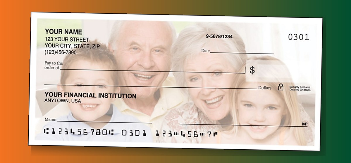 University of Miami checks idea: a Checks Unlimited photo check, where your own picture prints across the whole check, shown on an orange-to-green background