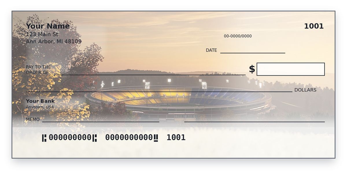 Michigan Wolverines Checks – Big Bowl Stadium at Dusk Design University of Michigan checks design – maize and navy big bowl stadium at dusk among autumn trees, personal check mockup