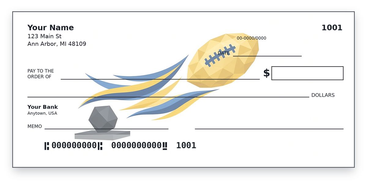 Michigan Wolverines Checks – Minimalist Geometric Maize Football and Cube Design University of Michigan checks design – low-poly maize football on navy ribbons by a tilted cube, on white, personal check mockup