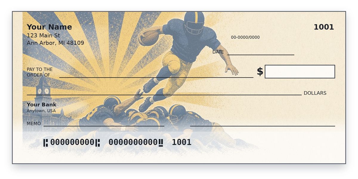 Michigan Wolverines Checks – Retro Navy and Maize Running Back Design University of Michigan checks design – retro running back in navy and maize leaping the pile, sunburst, personal check mockup