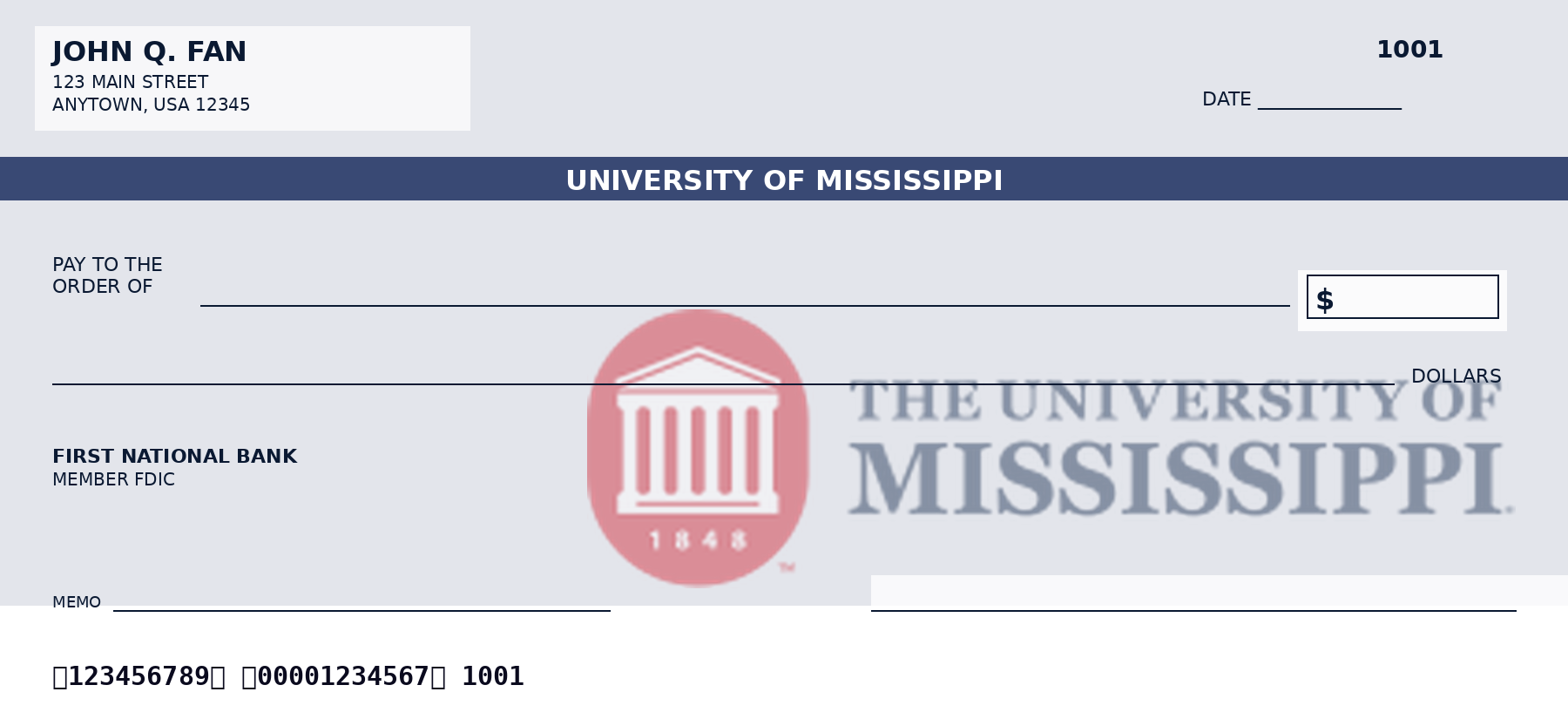 University of Mississippi personal checks featuring the official University of Mississippi logo and school colors, designed as a custom NCAA college checkbook for alumni and fans who want University of Mississippi-themed bank checks.