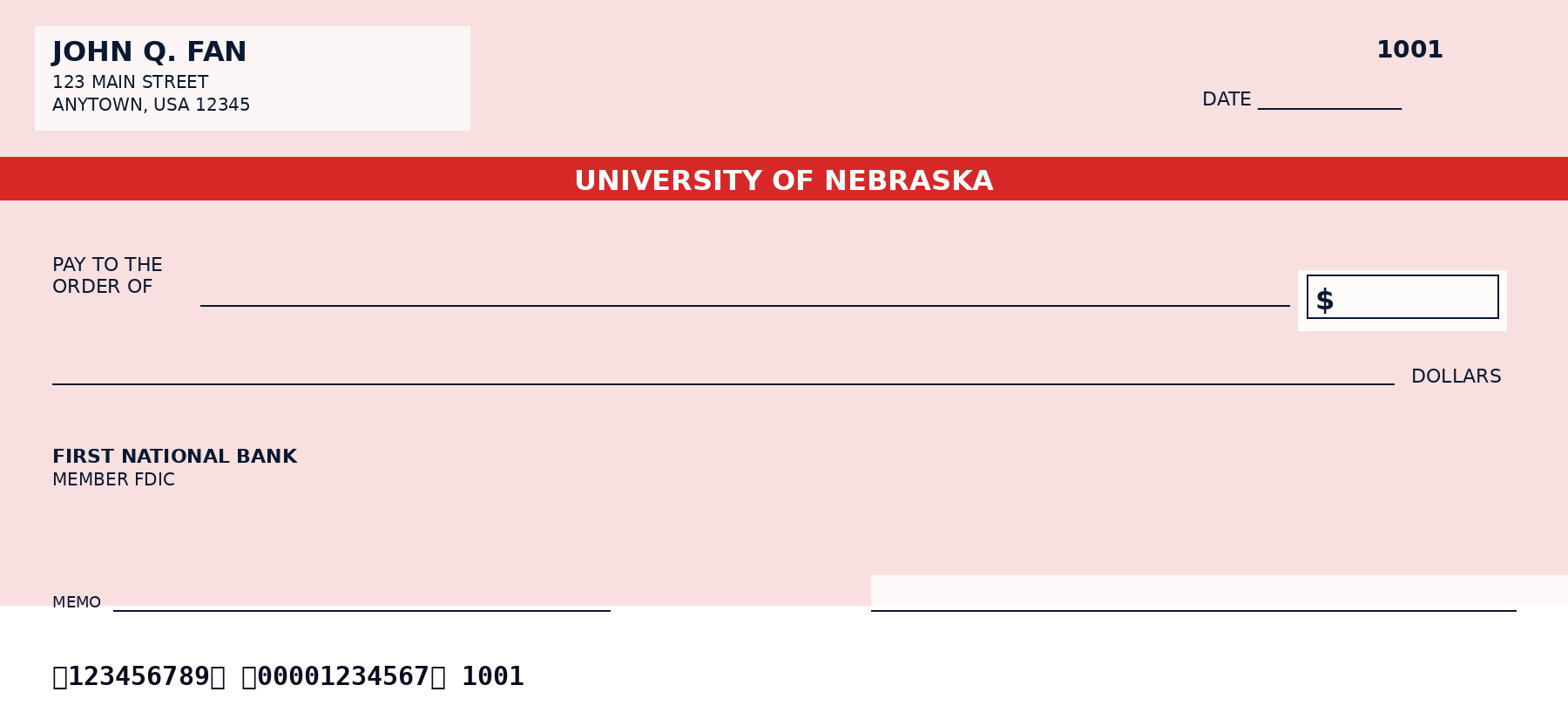 University of Nebraska personal checks featuring the official University of Nebraska logo and school colors, designed as a custom NCAA college checkbook for alumni and fans who want University of Nebraska-themed bank checks.