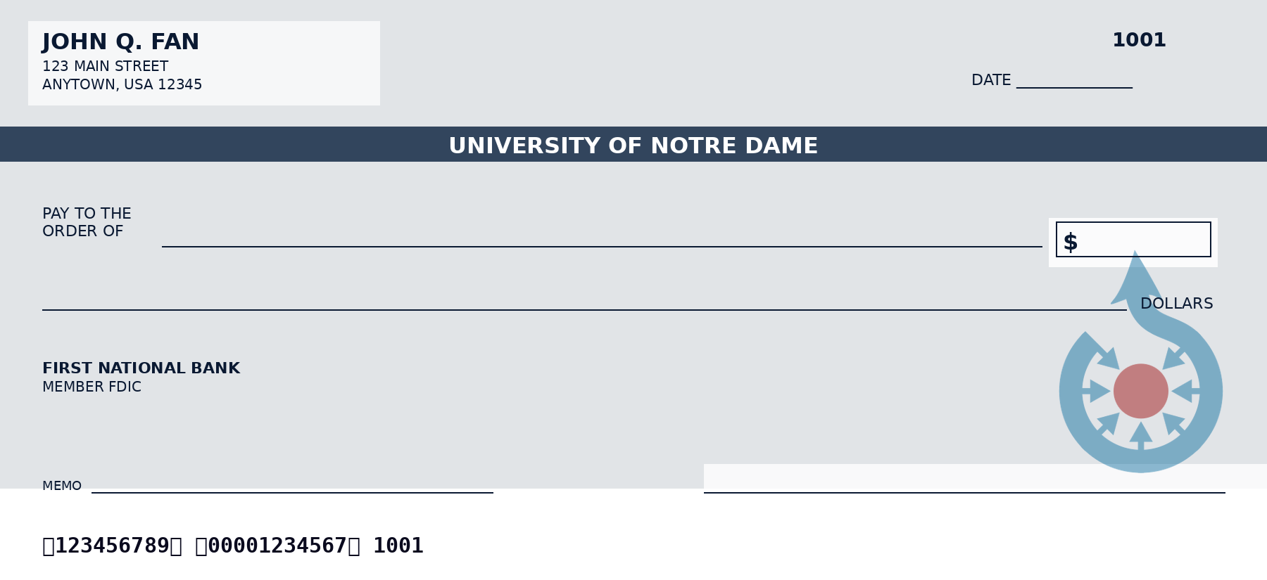 University of Notre Dame personal checks featuring the official University of Notre Dame logo and school colors, designed as a custom NCAA college checkbook for alumni and fans who want University of Notre Dame-themed bank checks.