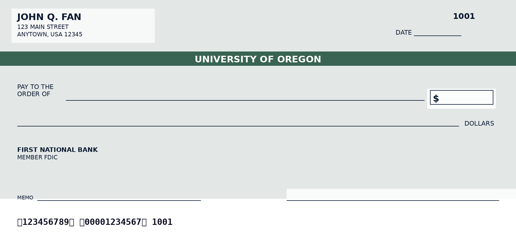 University of Oregon personal checks featuring the official University of Oregon logo and school colors, designed as a custom NCAA college checkbook for alumni and fans who want University of Oregon-themed bank checks.