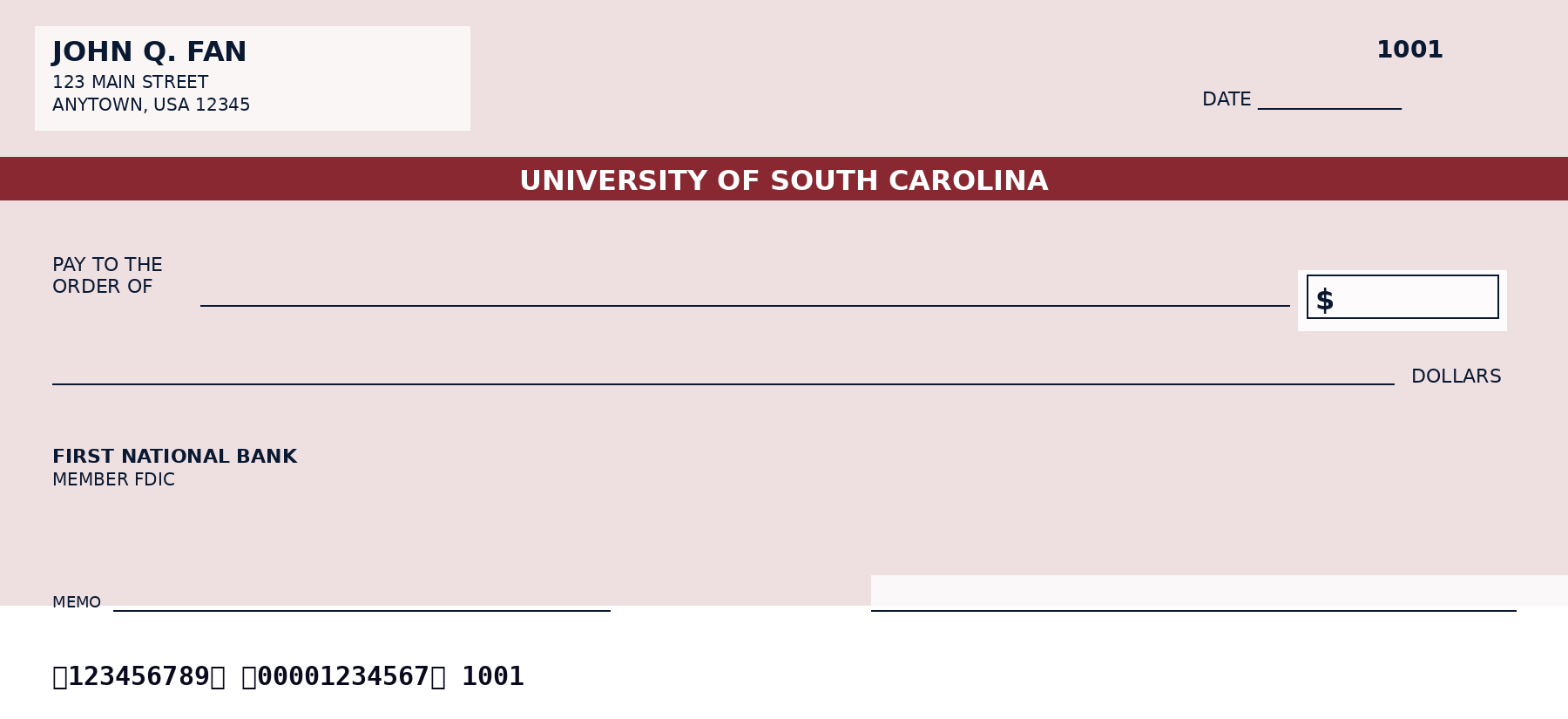 University of South Carolina personal checks featuring the official University of South Carolina logo and school colors, designed as a custom NCAA college checkbook for alumni and fans who want University of South Carolina-themed bank checks.