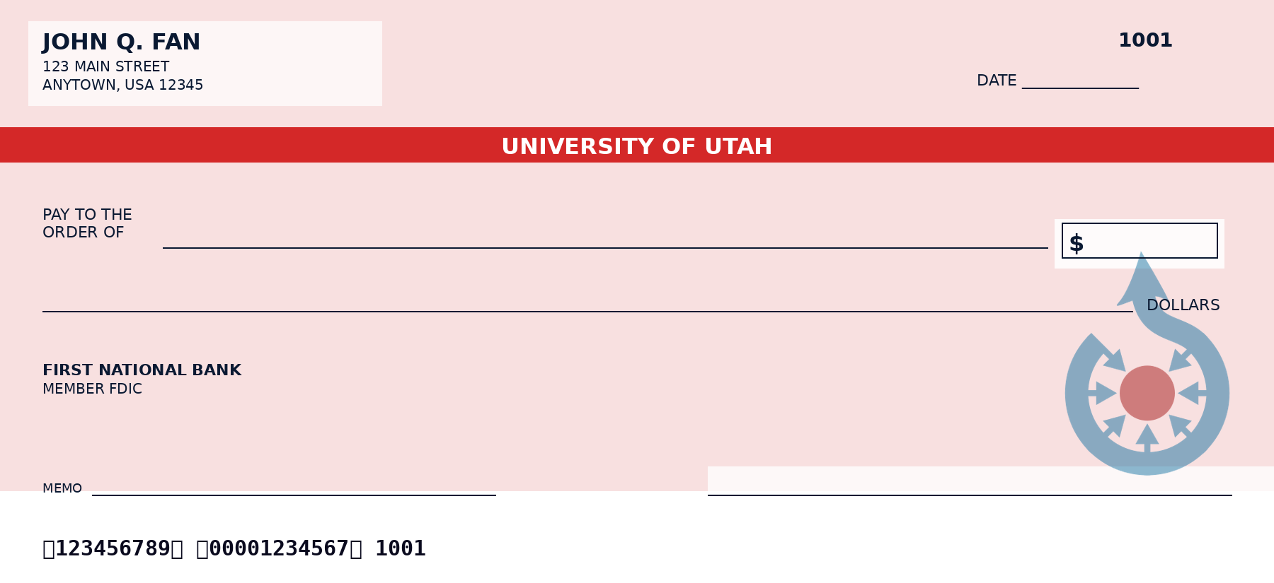 University of Utah personal checks featuring the official University of Utah logo and school colors, designed as a custom NCAA college checkbook for alumni and fans who want University of Utah-themed bank checks.