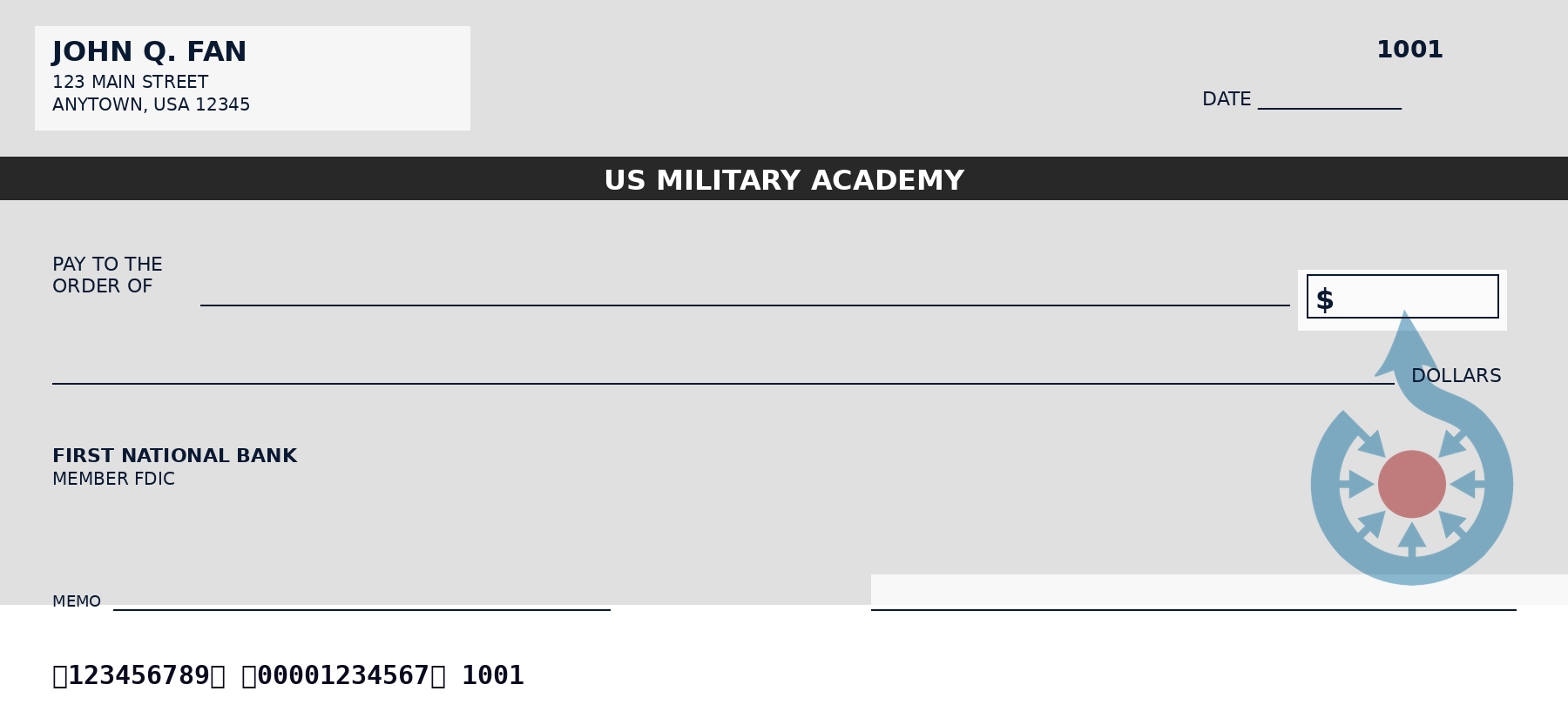 US Military Academy Personal Checks — NCAA College Checkbook Design US Military Academy personal checks featuring the official US Military Academy logo and school colors, designed as a custom NCAA college checkbook for alumni and fans who want US Military Academy-themed bank checks.