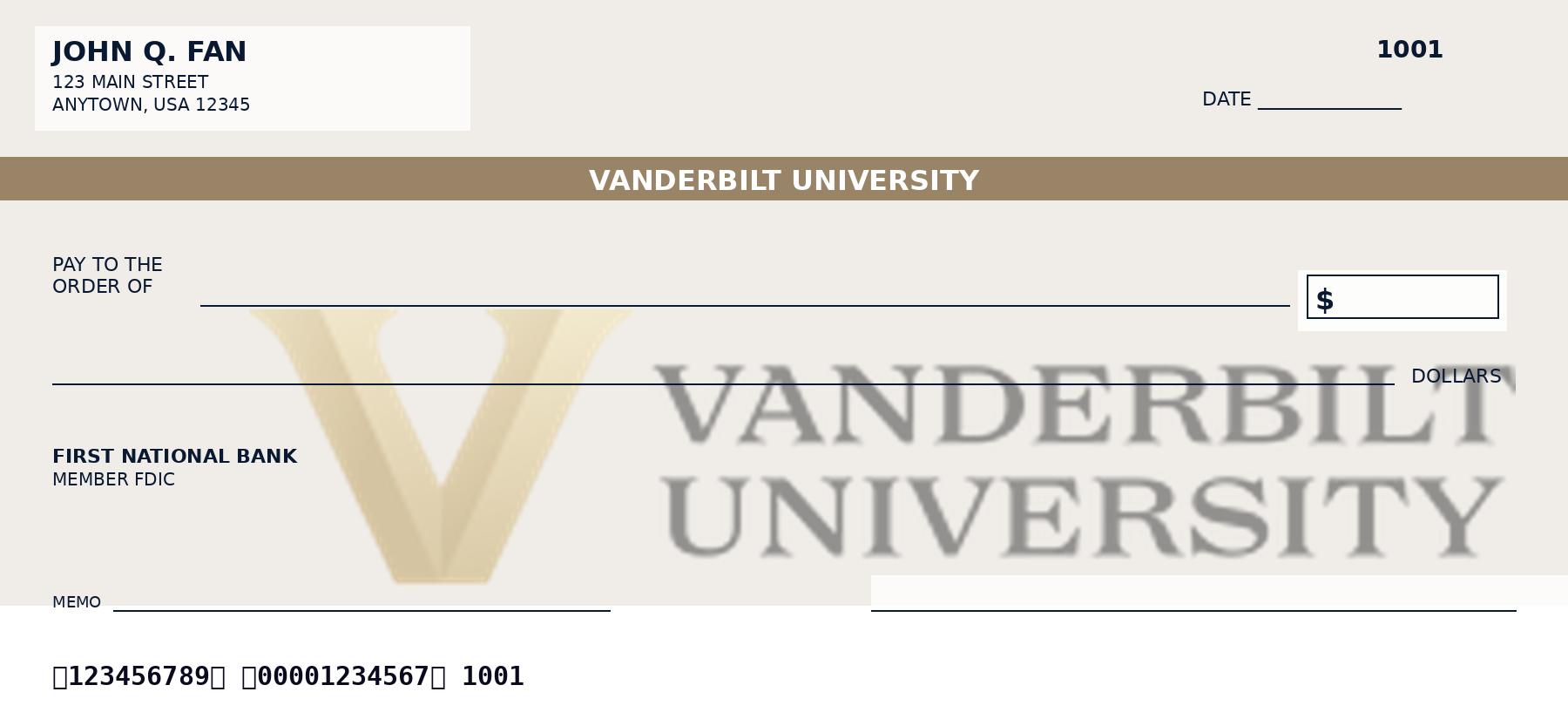 Vanderbilt University personal checks featuring the official Vanderbilt University logo and school colors, designed as a custom NCAA college checkbook for alumni and fans who want Vanderbilt University-themed bank checks.