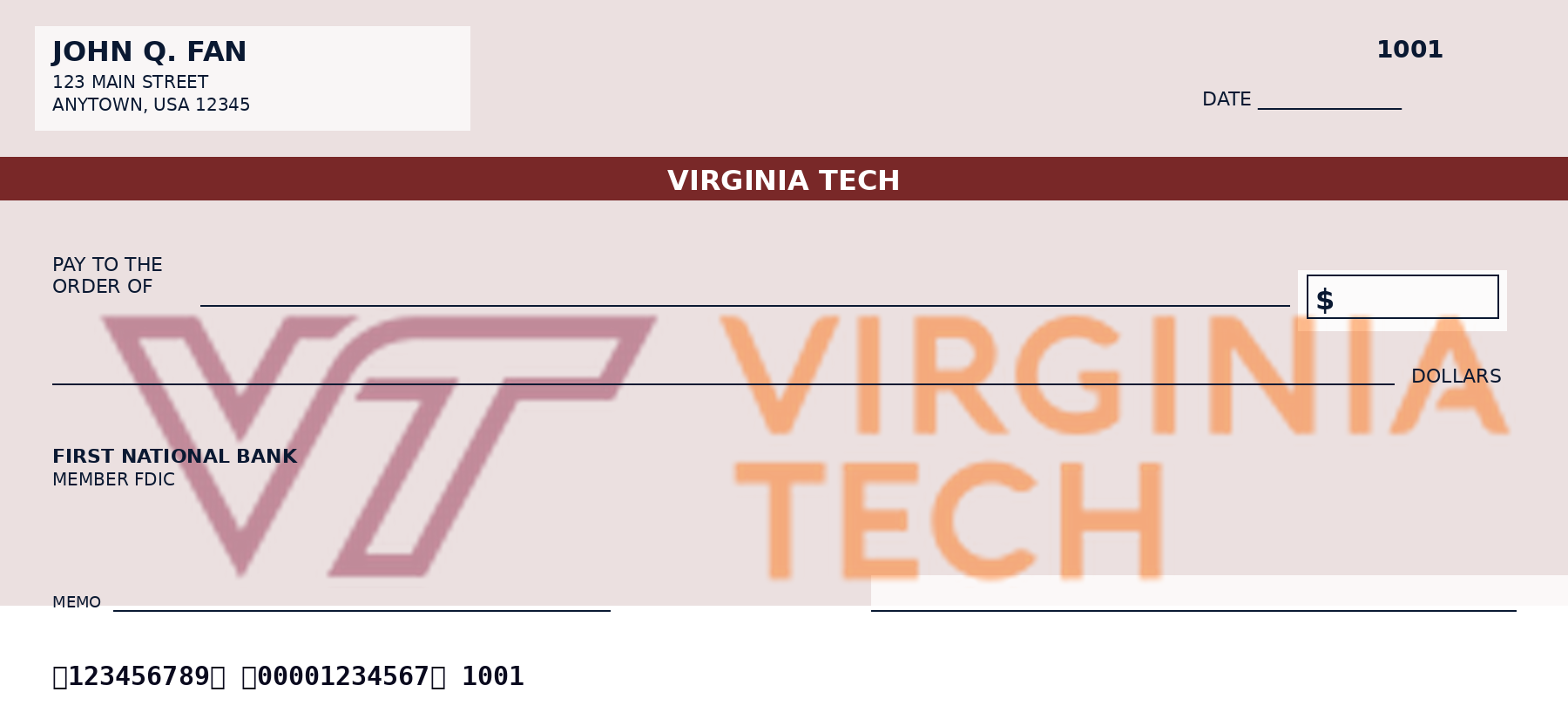 Virginia Tech Personal Checks — NCAA College Checkbook Design Virginia Tech personal checks featuring the official Virginia Tech logo and school colors, designed as a custom NCAA college checkbook for alumni and fans who want Virginia Tech-themed bank checks.