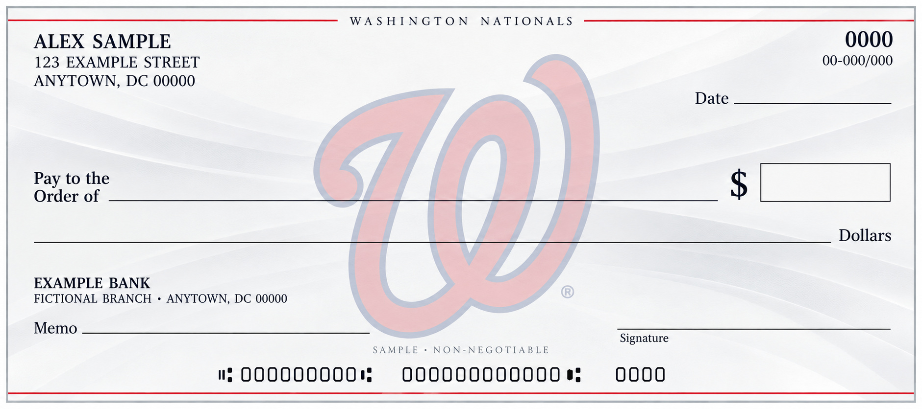 Washington Nationals editorial sample check with a pale central team emblem, light flowing background and blank check fields; marked SAMPLE, NON-NEGOTIABLE.