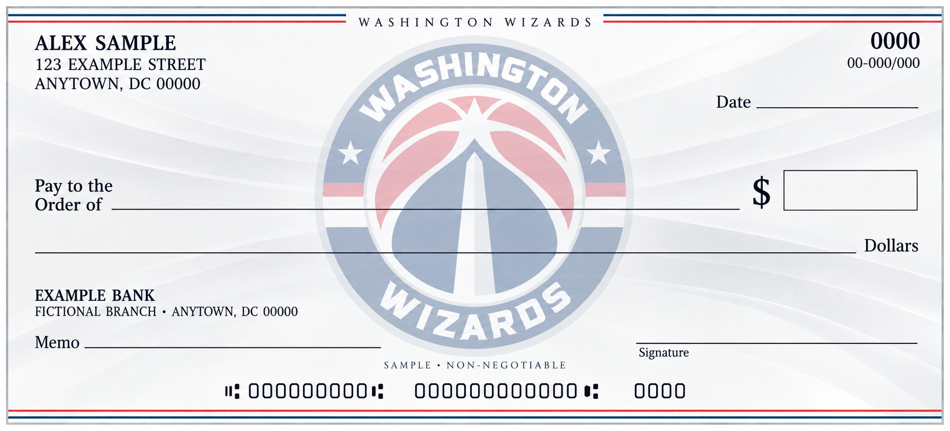 Washington Wizards personal check design with a pale central team emblem, light flowing background and blank check fields.