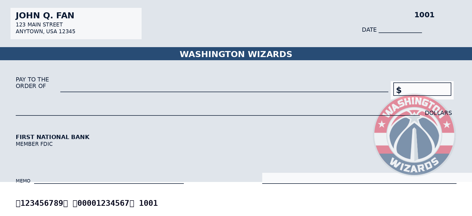 Washington Wizards personal checks design idea in team colors - a sample NBA fan check layout, not an official team product.