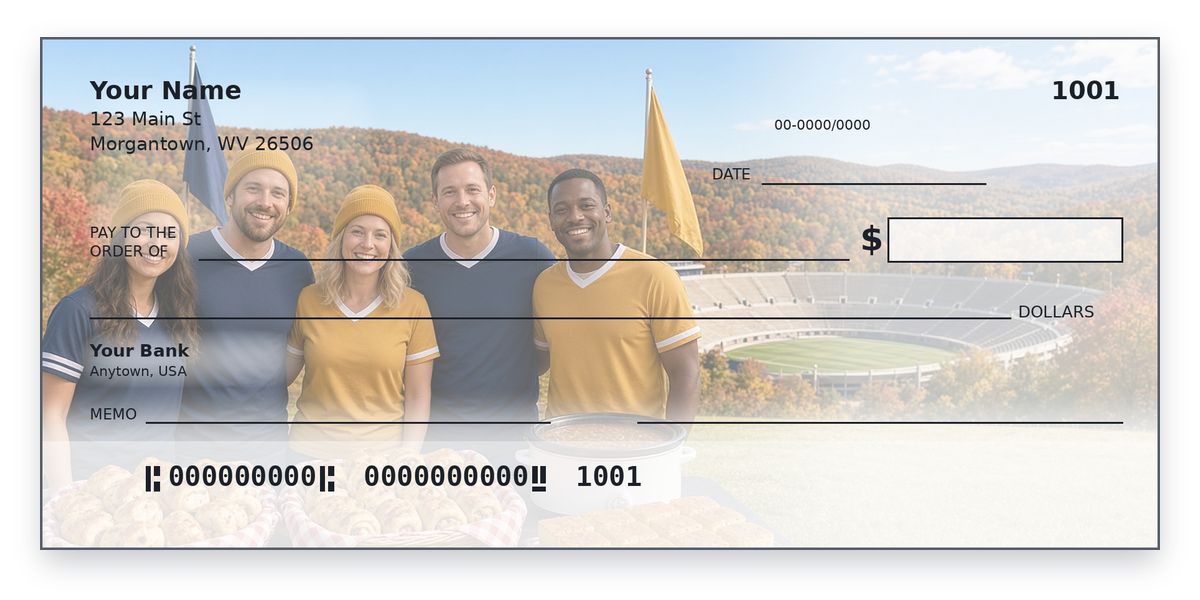 West Virginia University Checks – Morgantown Pepperoni Roll Tailgate Design WVU checks design – fans in navy and gold jerseys share pepperoni rolls by a hillside stadium, personal check mockup
