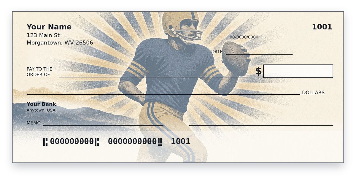 West Virginia University Checks – Retro Old Gold and Navy Quarterback Design WVU checks design – retro quarterback in navy and old gold, gold helmet with a navy stripe, sunburst, personal check mockup