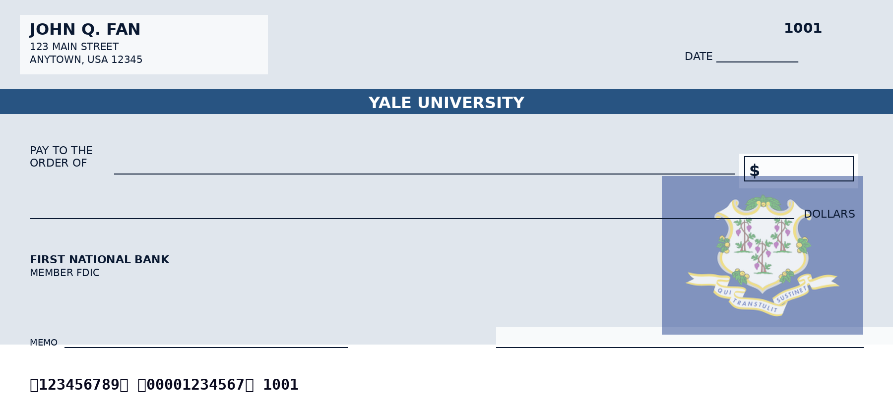 Yale University personal checks featuring the official Yale University logo and school colors, designed as a custom NCAA college checkbook for alumni and fans who want Yale University-themed bank checks.